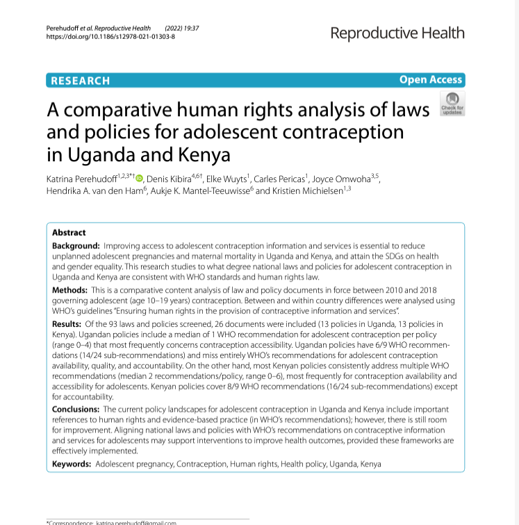 Read more about the article A COMPARATIVE HUMAN RIGHTS ANALYSIS OF LAWS AND POLICIES FOR ADOLESCENT CONTRACEPTION IN UGANDA AND KENYA